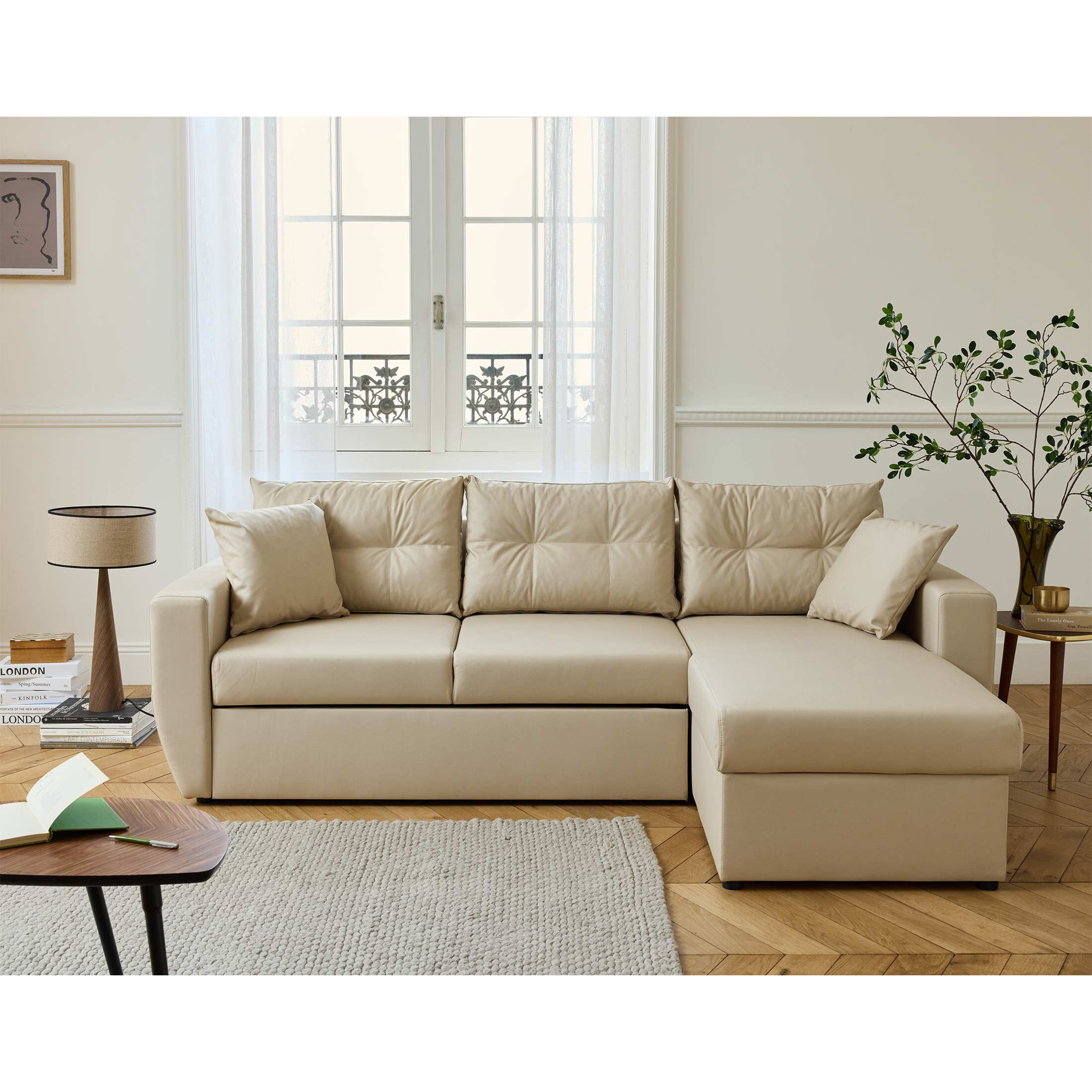 Astoria - canapé d'angle réversible 4 places - convertible avec coffre - en cuir vegan - Beige