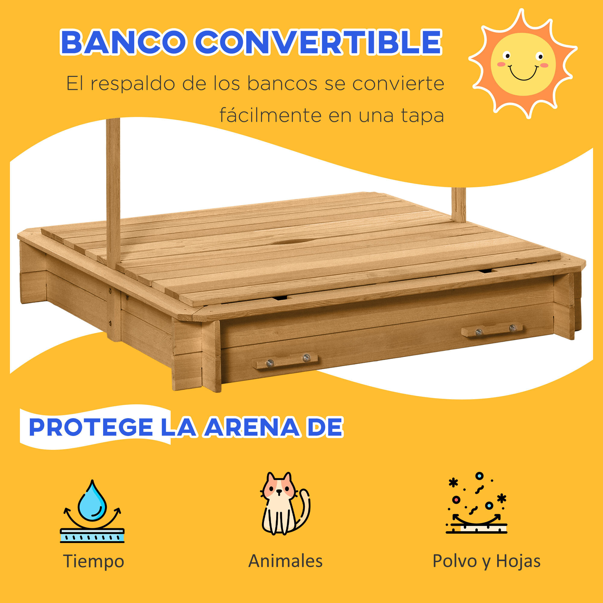 Outsunny Arenero para Niños de Madera Arenero Infantil con Toldo Ajustable en Altura 2 Bancos y Respaldos Desmontables para Patio Jardín 106x106x121 cm Natural y Rayas Verdes