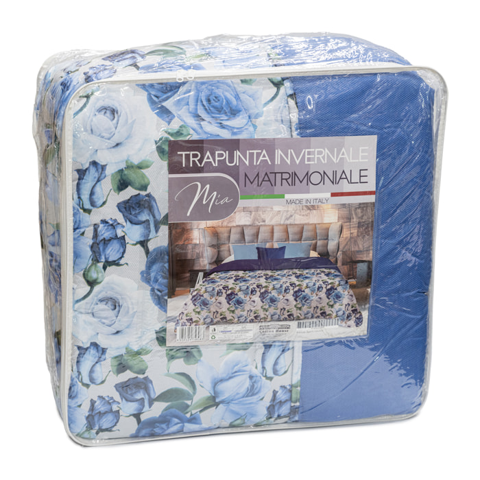 TRAPUNTA INVERNALE MATRIMONIALE DIS.ROSE BLU STAMPA DIGITALE MADE IN ITALY