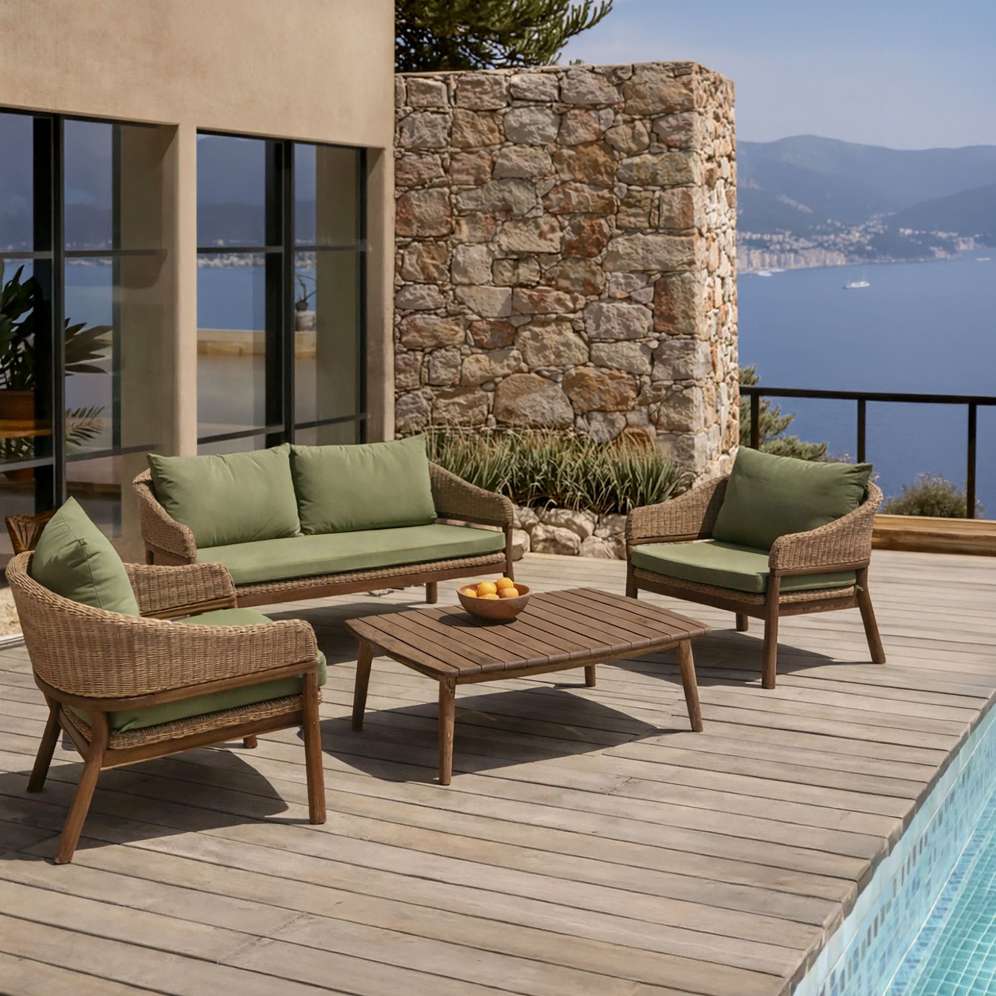 Salon de jardin 4 places en bois d'acacia foncé et résine tressée kaki ALHAMBRA