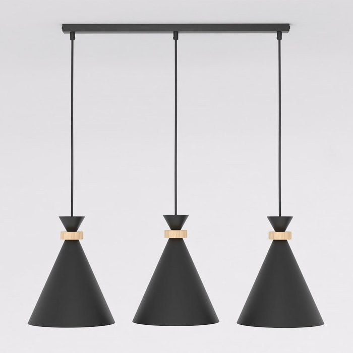 Lampada a sospensione Zero in acciaio nero opaco e legno