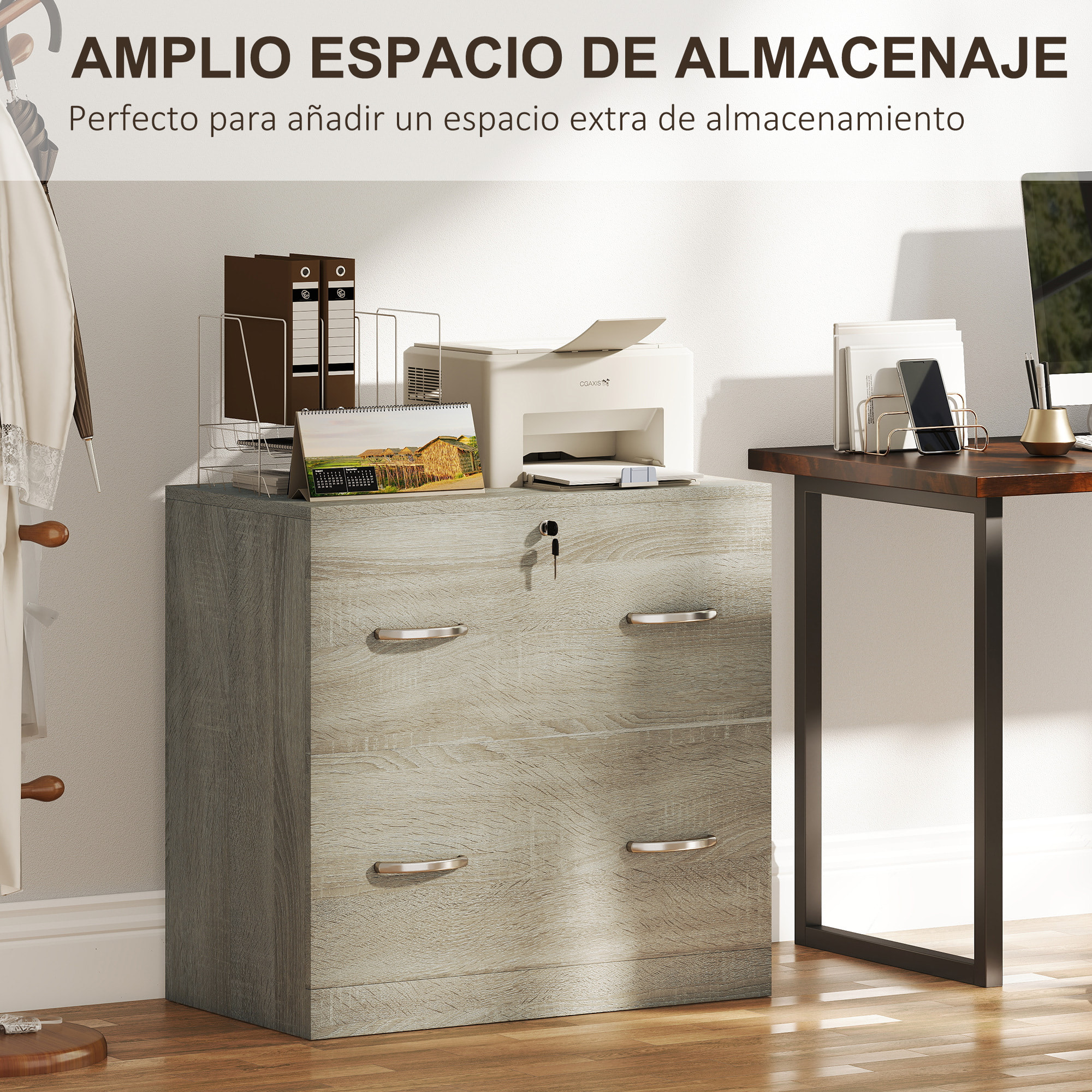 Cajonera de Escritorio con 2 Cajones Cajonera de Oficina con Guías para Carpetas Colgantes para A4 Cerradura y 2 Llaves para Estudio Salón 77x42x72 cm Natural