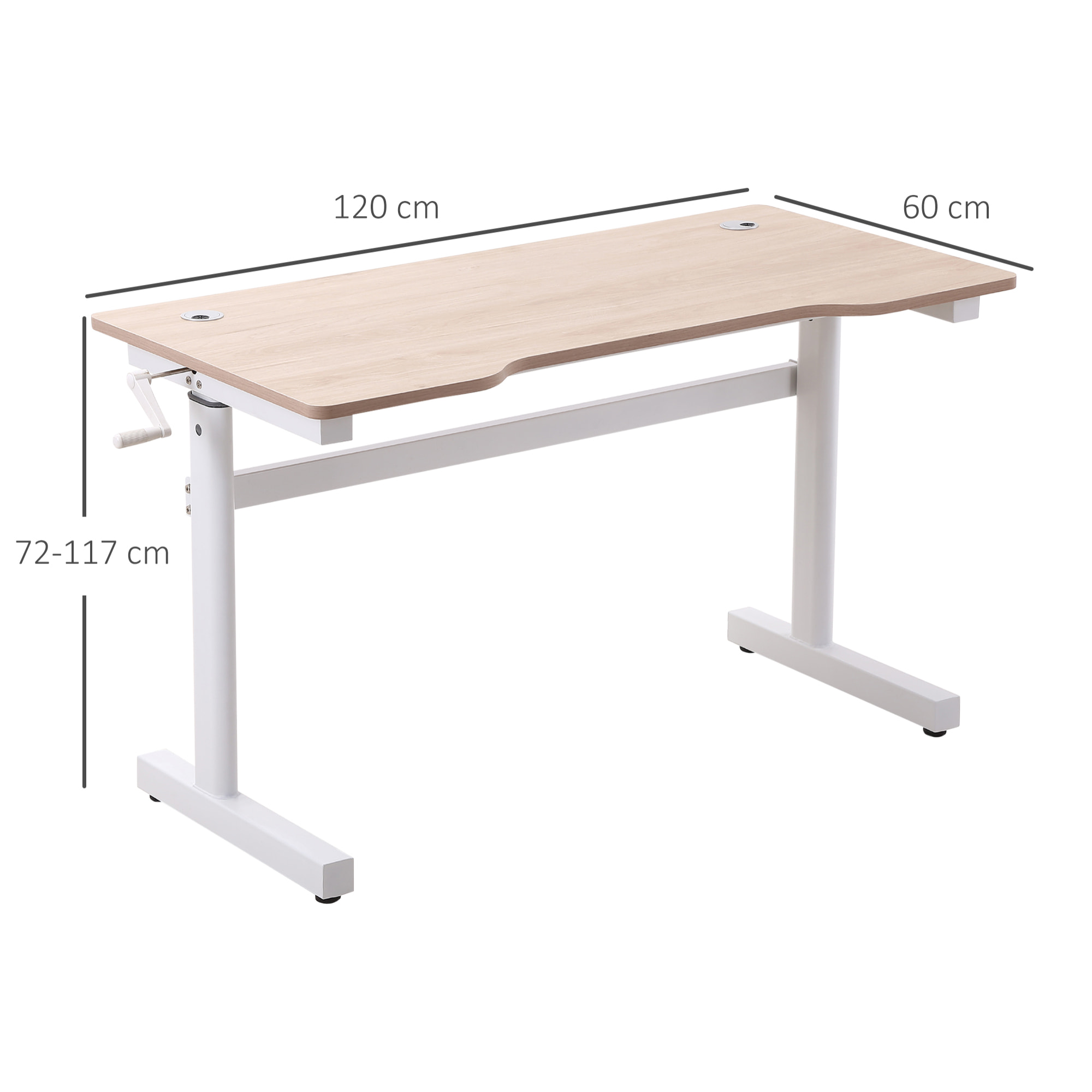 Escritorio de Pie 120x60x72-117 cm con Altura Ajustable Manual con Manivela Mesa para Ordenador para Oficina Estudio Salón Estilo Racing Carga 150 kg Natural