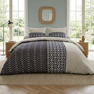 Parure housse de couette 100% coton motif art déco bleu et beige - Melvin