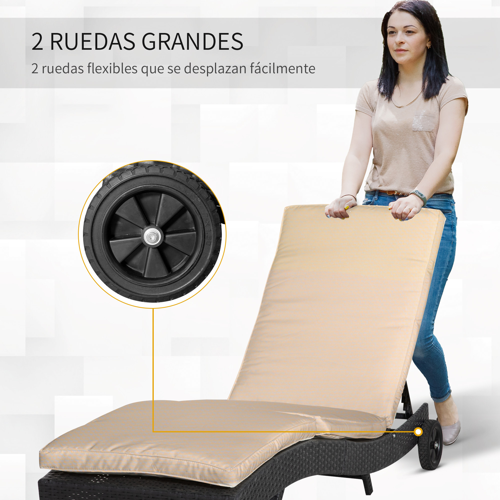 Tumbona de Ratán Reclinable Tumbona de Jardín en Forma de S con 2 Ruedas Respaldo Ajustable en 5 Posiciones y Cojín Extraíble para Patio Terraza 207x70x70 cm Negro y Beige