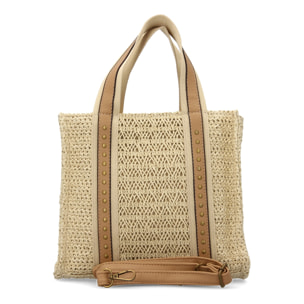 Bolso de hombro para mujer de rafia, diseño moderno con adornos metalicos.