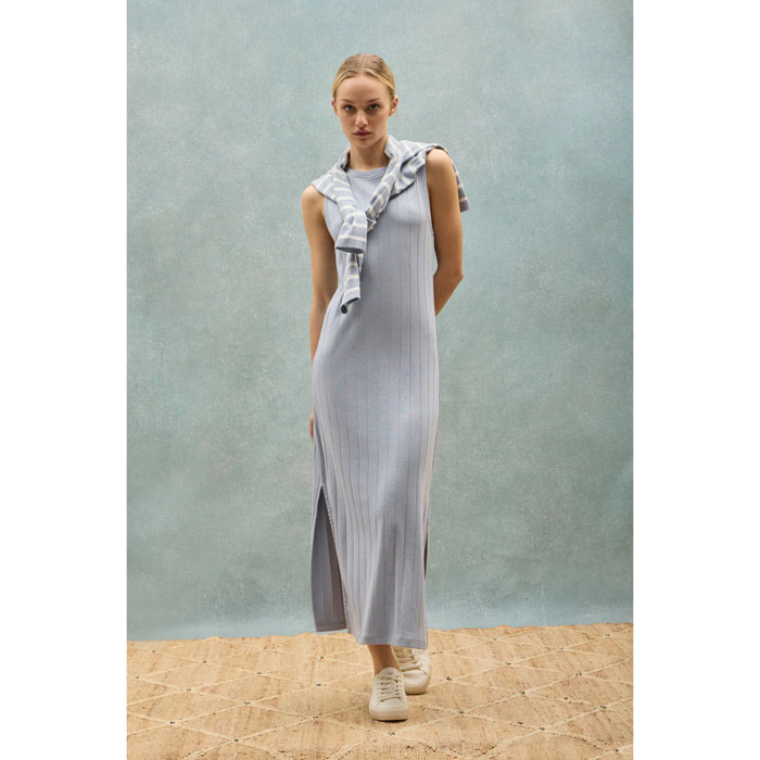 Vestito lungo blu e a coste con monogramma ricamato