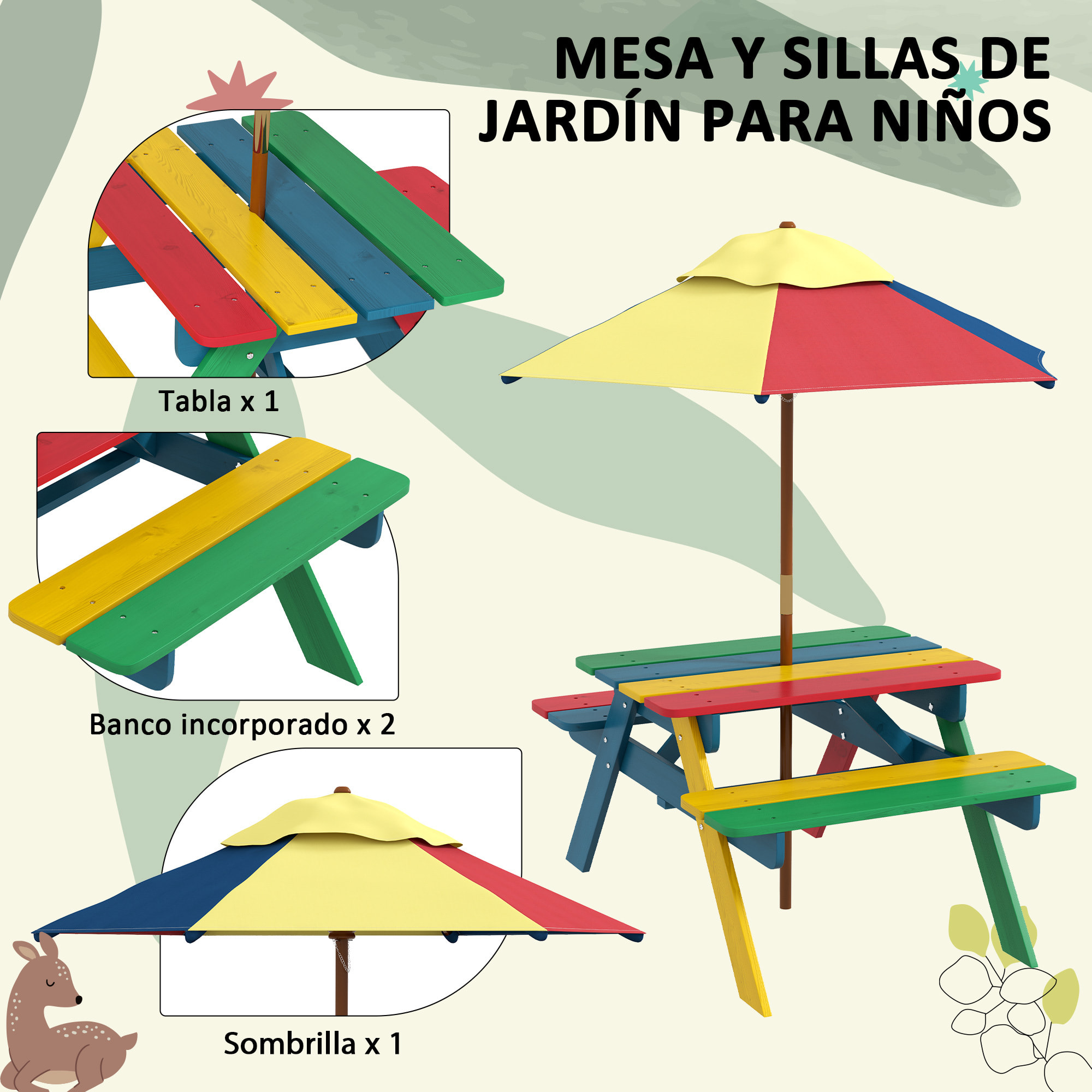 Mesa de Picnic para Niños de Madera Mesa y 2 Bancos Infantiles con Sombrilla Extraíble para Jardín Patio 85,5x75x142,5 cm Multicolor