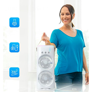 Ventilador torre RGB de doble cabezal con niebla de enfriamiento, 3 velocidades, oscilación de 90° y control remoto.