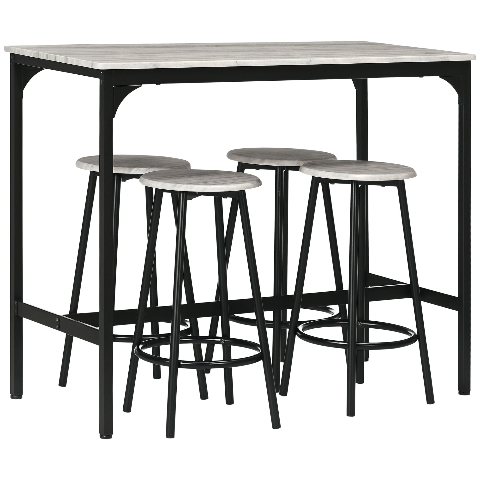 Conjunto Mesa Alta de Cocina con 4 Taburetes, Mesa de Bar Alta, Ahorro de Espacio, para Pisos Pequeños, Cocina, Comedor, Balcón o Isla Cocina 110x50x89,5 cm, Gris y Negro