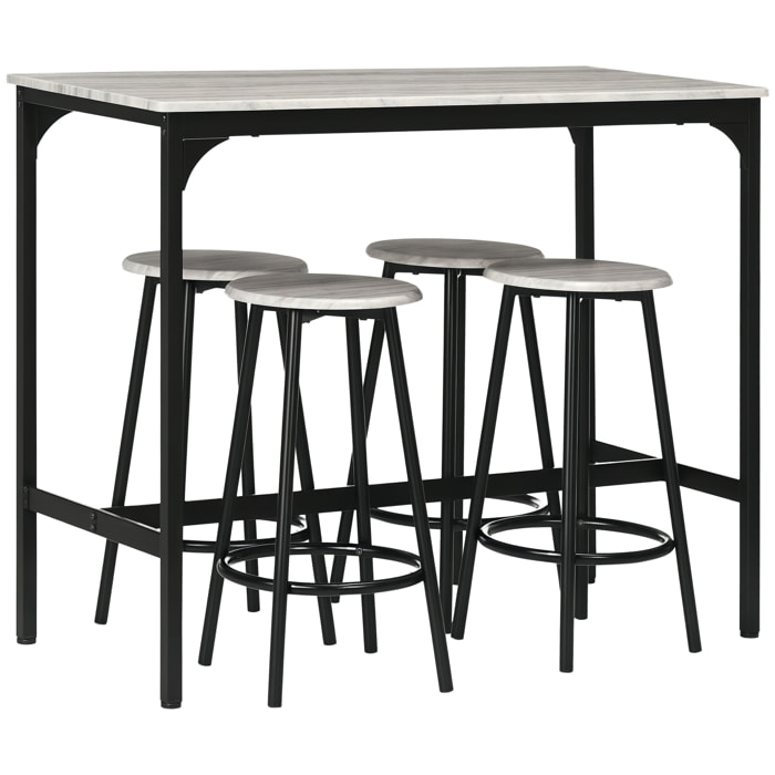 Conjunto Mesa Alta de Cocina con 4 Taburetes, Mesa de Bar Alta, Ahorro de Espacio, para Pisos Pequeños, Cocina, Comedor, Balcón o Isla Cocina 110x50x89,5 cm, Gris y Negro