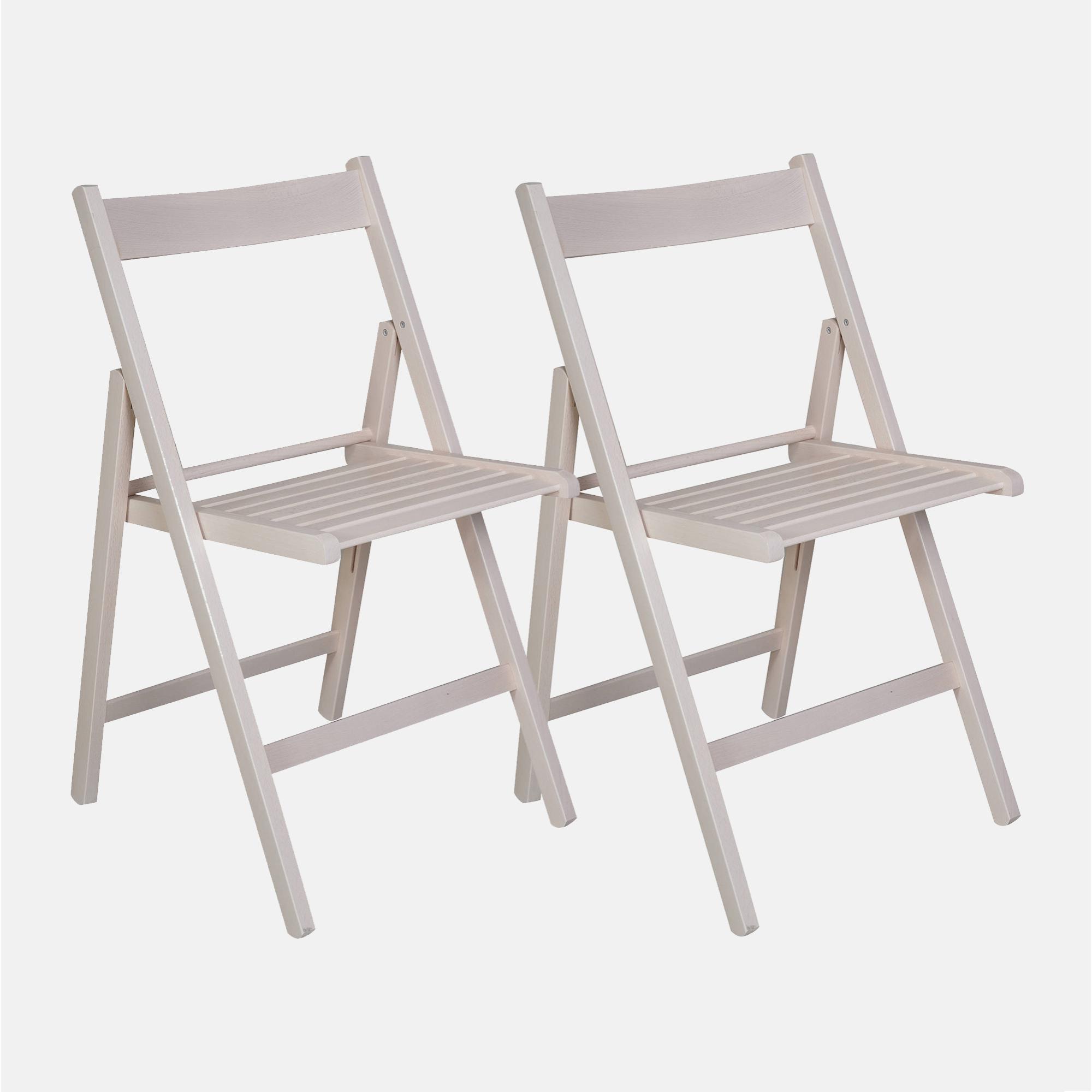 Set di 2 Sedie pieghevoli moderne in legno, per balcone o giardino, cm 42x48h79, Seduta h cm 47, colore Bianco