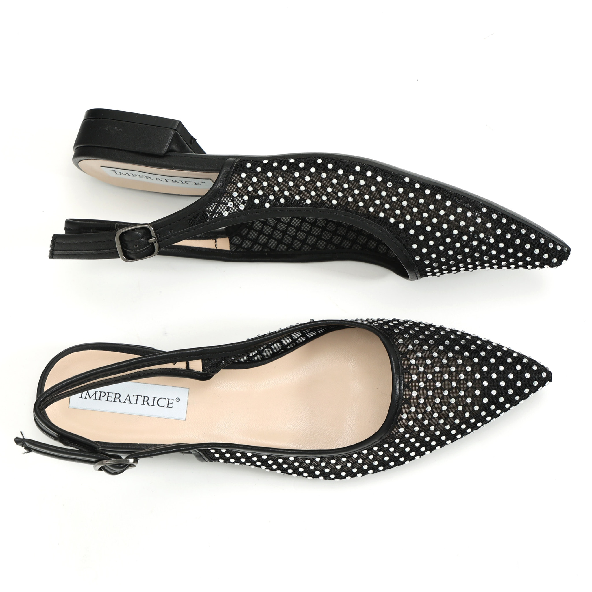 Ballerine slingback con tomaia semitrasparente ricoperta di strass