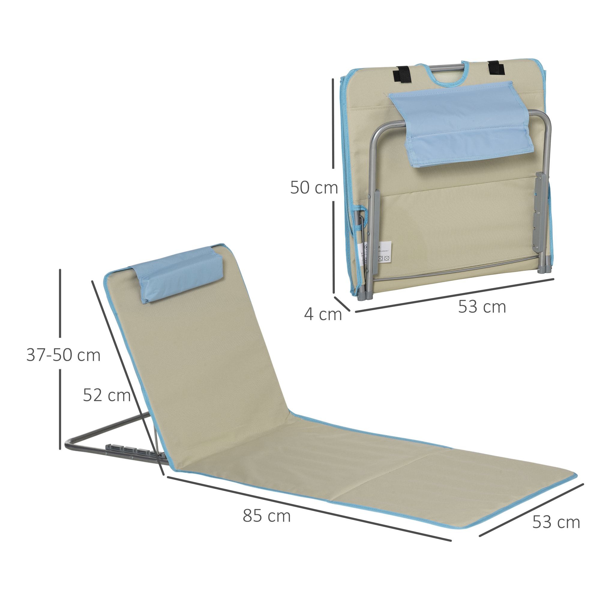 Set de 2 Esterillas de Playa Plegables 124x53x35-45 cm con Respaldo Ajustable 5 Niveles y Reposacabezas Esteras de Playa Portátil Tela Oxford Acero con Bolsa Transporte para Jardín Beige