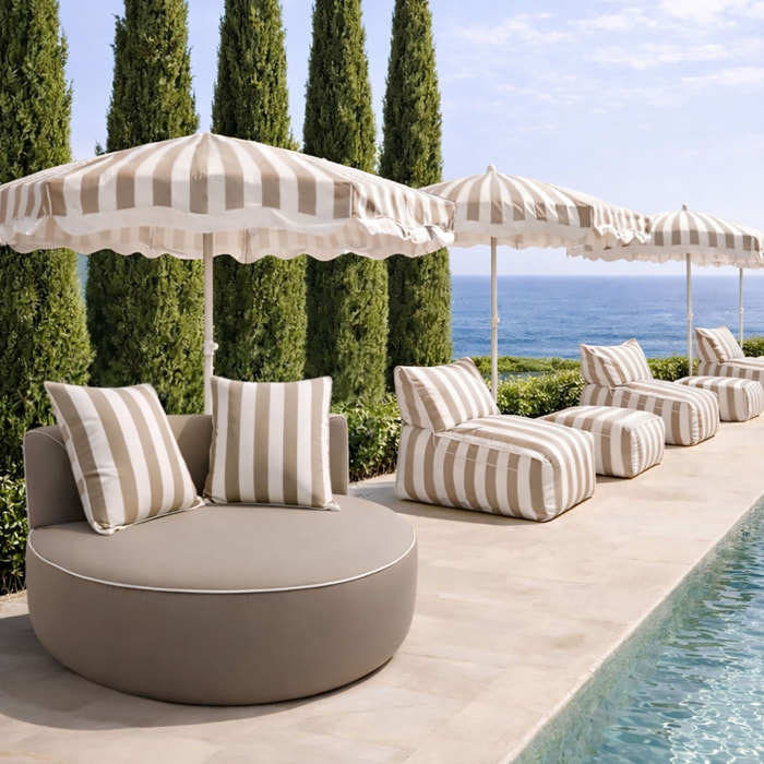 Fauteuil d'extérieur compressé rond en tissu taupe et coussin à rayures NINO