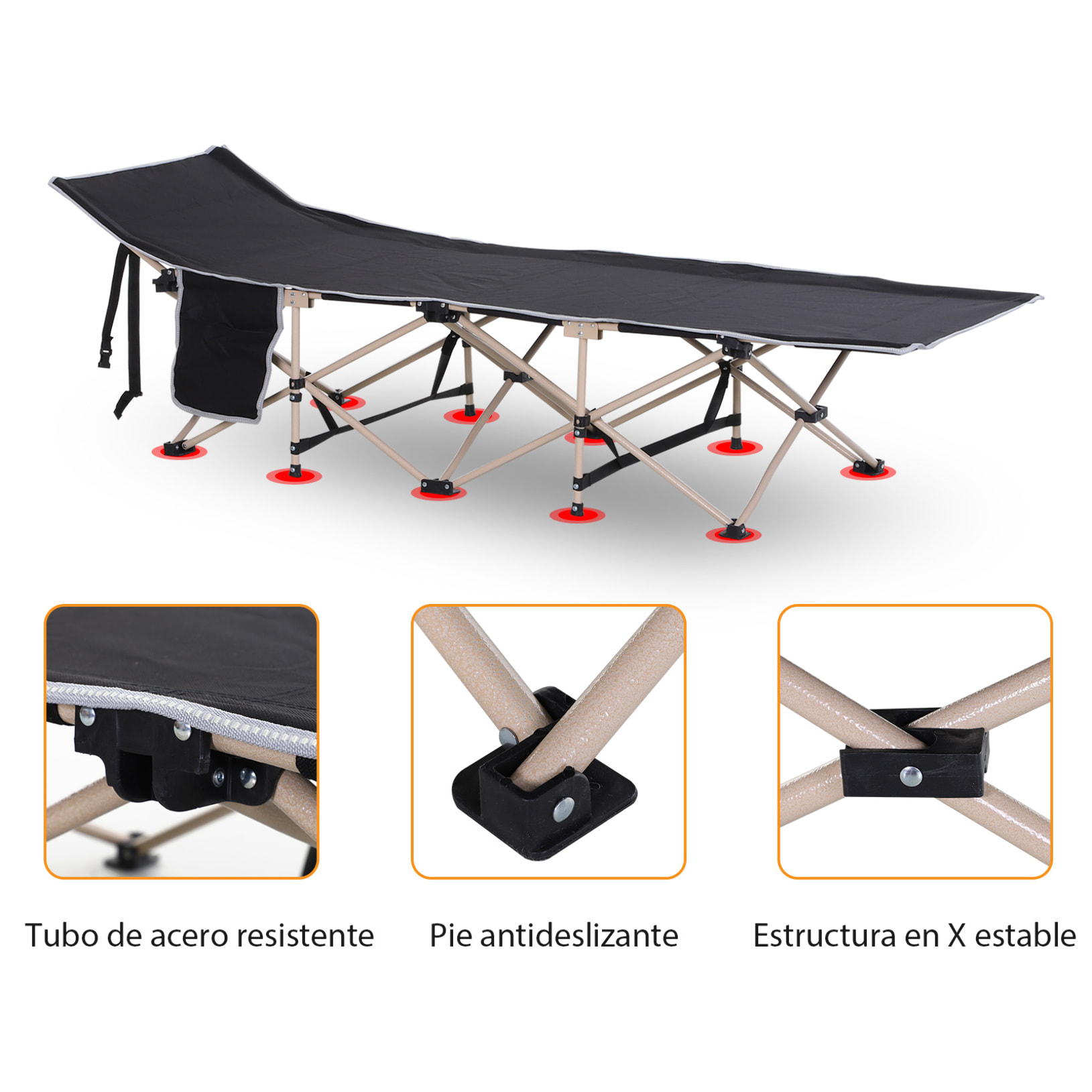 Cama de Camping Plegable Cama de Acampada con 1 Bolsillo Lateral Bolsa de Transporte y Marco de Acero Carga 150 kg para Playa Senderismo 190x68x52 cm Negro