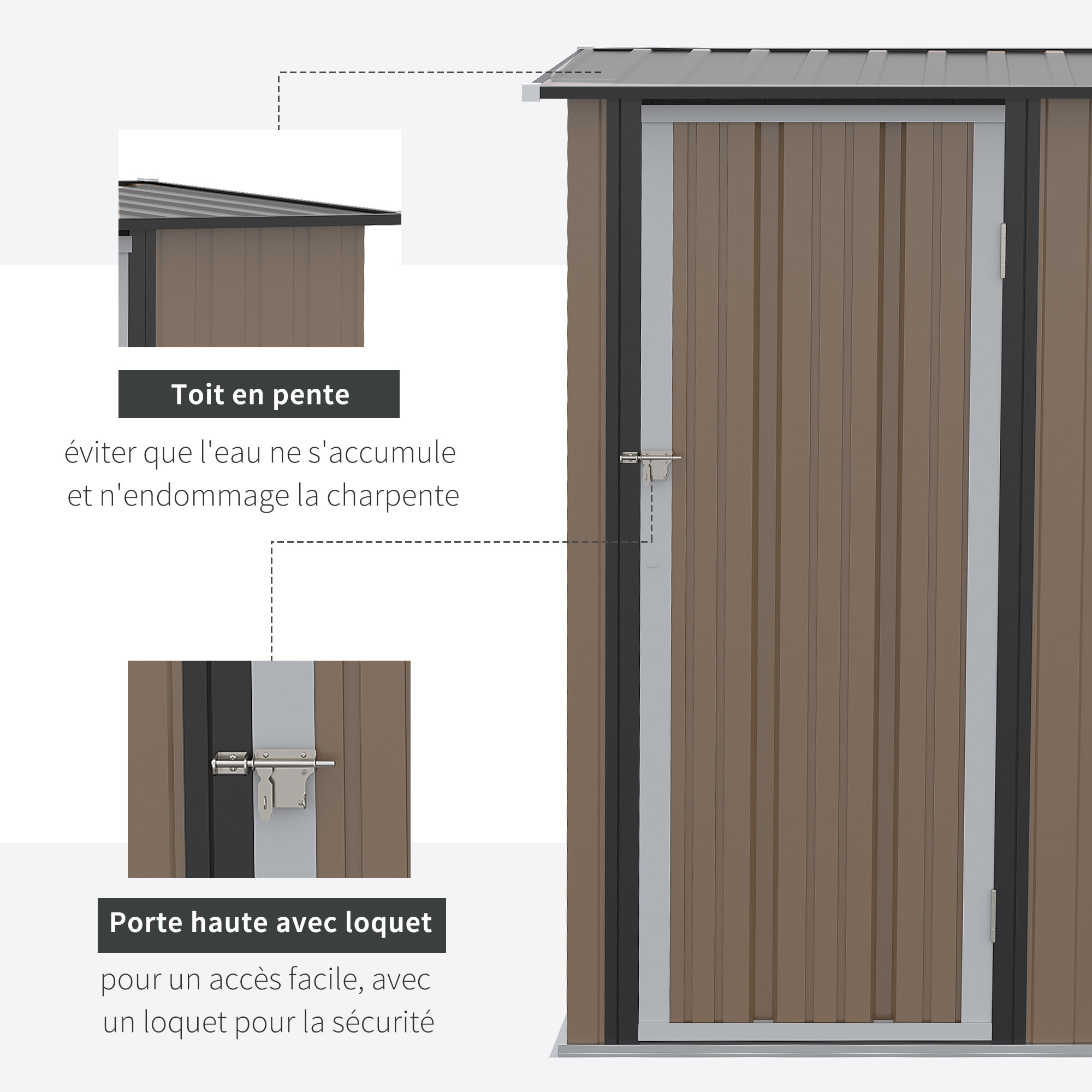 Abri de jardin - remise pour outils - cabanon porte verrouillable - dim. 142L x 84l x 189H cm - tôle d'acier marron blanc