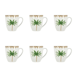 Lot de 6 mugs 45cl en porcelaine à motif palmier ATLAS