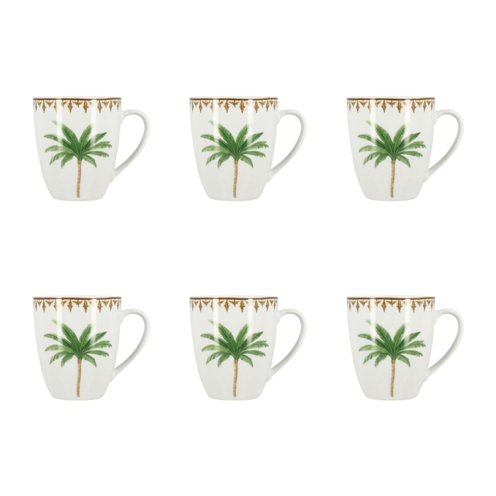 Lot de 6 mugs 45cl en porcelaine à motif palmier ATLAS