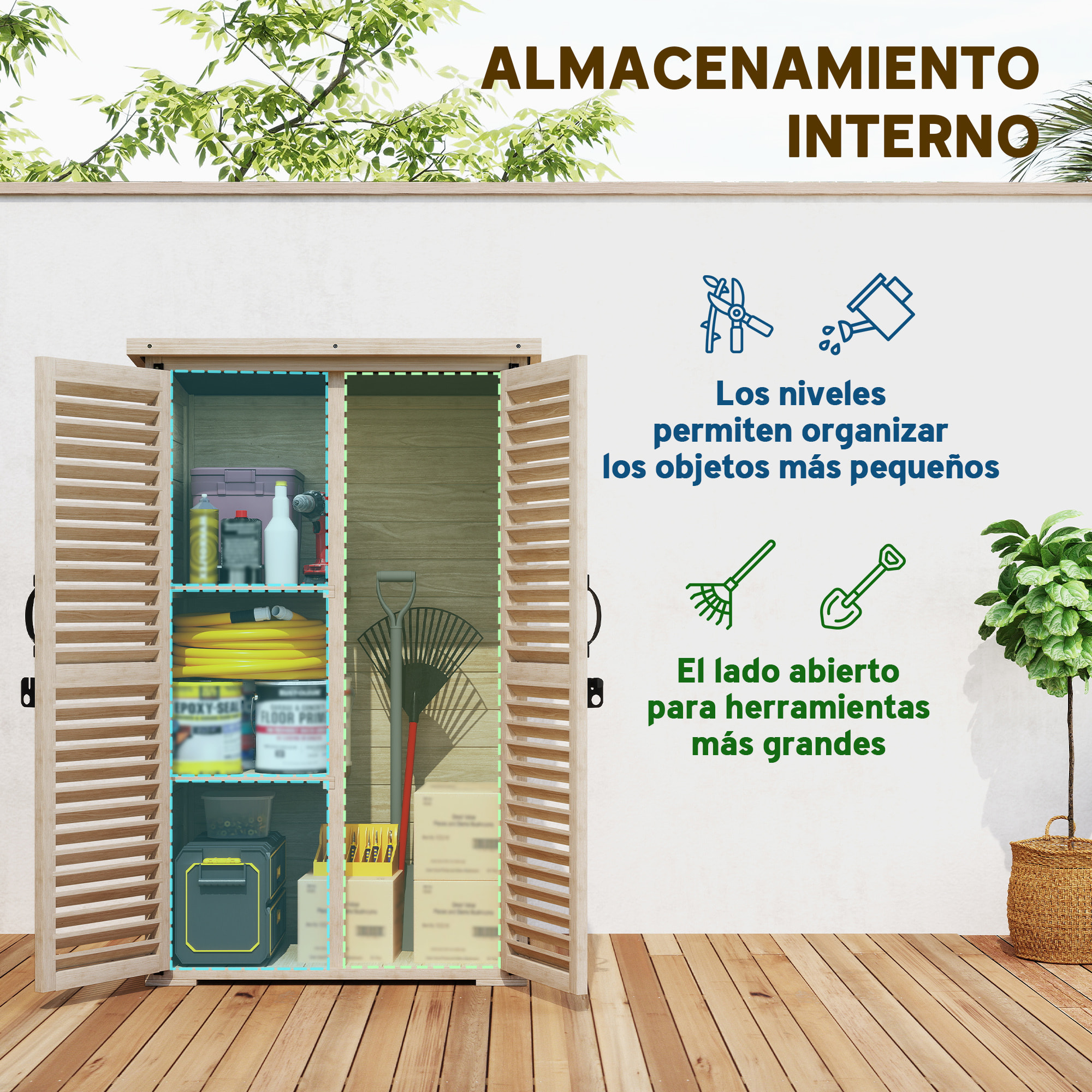 Caseta de Jardín de Madera, 75x50x118 cm, Cobertizo Jardín Exterior, Armario para Almacenaje Herramientas, con 2 Puertas de Persiana 2 Estantes y Techo Impermeable para Patio Terraza, Natural