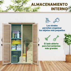 Caseta de Jardín de Madera, 75x50x118 cm, Cobertizo Jardín Exterior, Armario para Almacenaje Herramientas, con 2 Puertas de Persiana 2 Estantes y Techo Impermeable para Patio Terraza, Natural