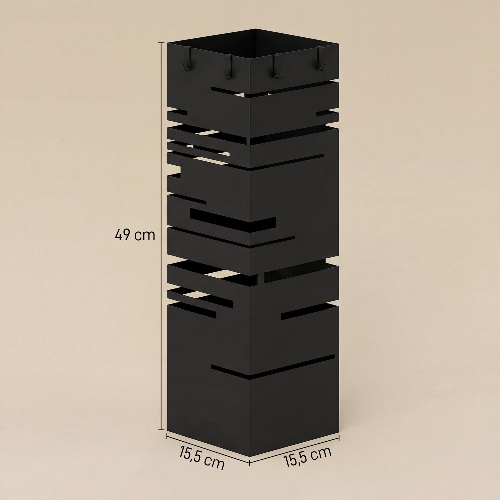ParagÃƒÂ¼ero Metálico, Soporte de Paraguas con 4 Ganchos y Bandeja de Goteo Extraíble, ParagÃƒÂ¼ero Negro para Entrada, Oficina, 15,5x15,5x49 cm