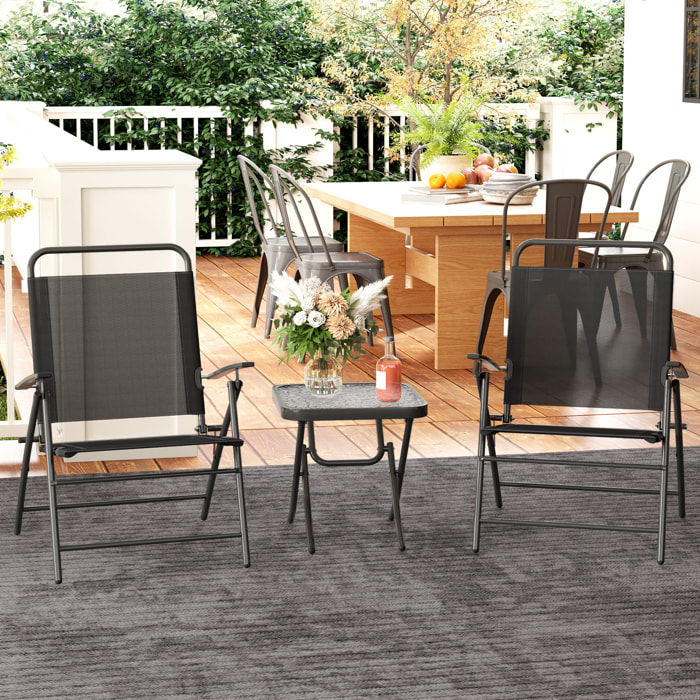 Conjunto de Mesa y Sillas de Terraza Exterior de 3 Piezas Muebles de Jardín Exterior Plegables con Respaldo Regulable Tablero de Vidrio y Estructura de Acero