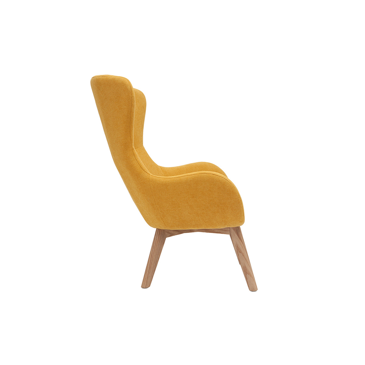 Fauteuil scandinave en tissu effet velours jaune moutarde et bois ESKUA