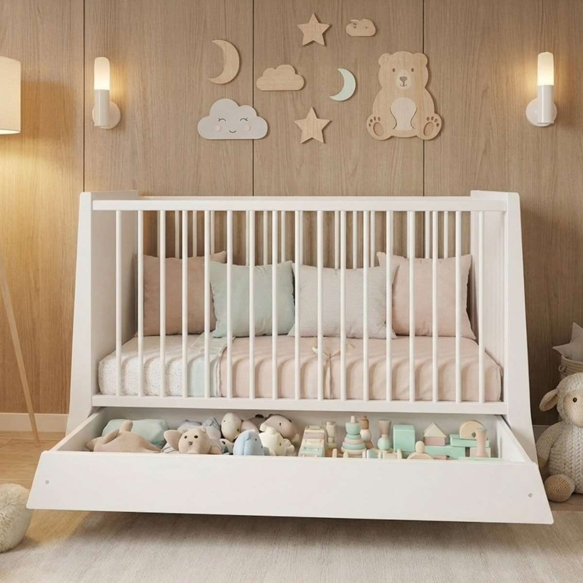 Lit Evolutif Timéo à barreaux 60 x 120 cm, Blanc, en Bois, 3 Hauteurs, Tiroir intégré, Barreaux amovibles