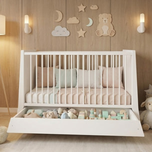 Lit Evolutif Timéo à barreaux 60 x 120 cm, Blanc, en Bois, 3 Hauteurs, Tiroir intégré, Barreaux amovibles
