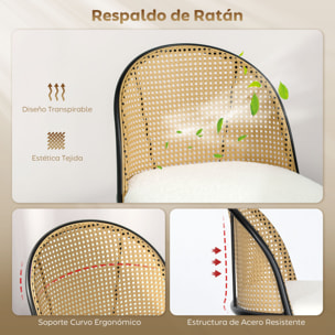 Juego de 2 Taburetes de Bar, Taburetes Altos de Cocina con Respaldo de Ratán, Asiento Tapizado en Borreguito, Marco de Acero y Reposapiés para Comedor, Mostrador, Blanco Crema
