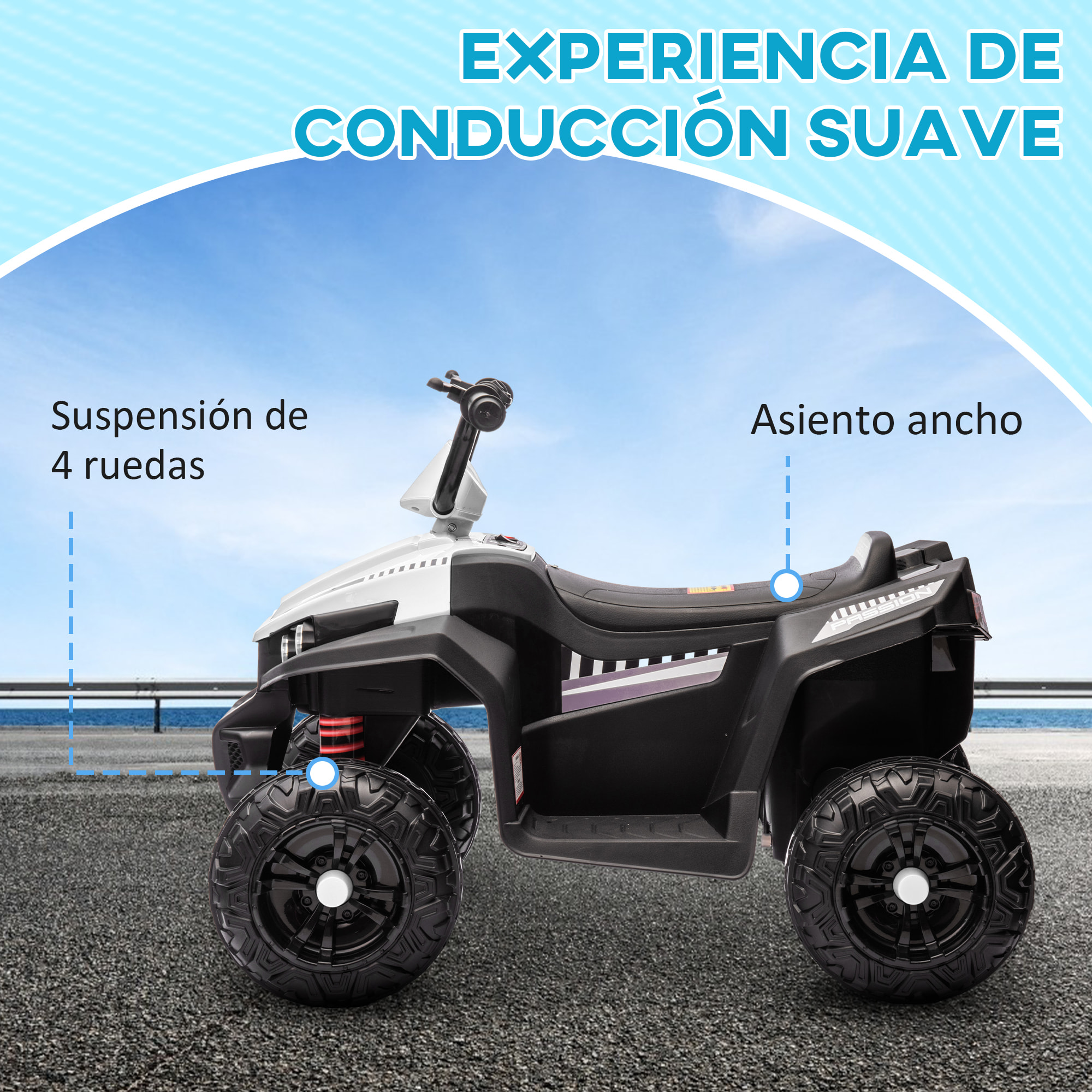 Quad Eléctrico para Niños de +3 Años Coche Eléctrico para Niños con Batería 12V Velocidad 5 km/h Faros Música MP3 Avance y Retroceso Carga 30 kg Blanco