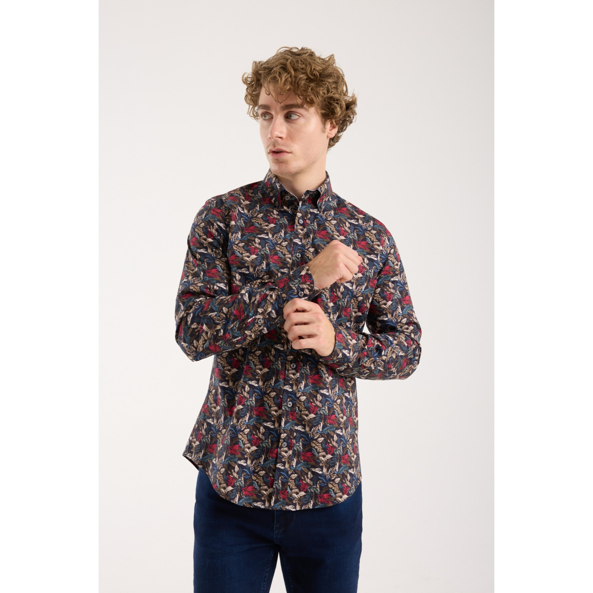 camicia uomo 1 bottone button down slim Popeline Stretch Stampato Blu\Rosso