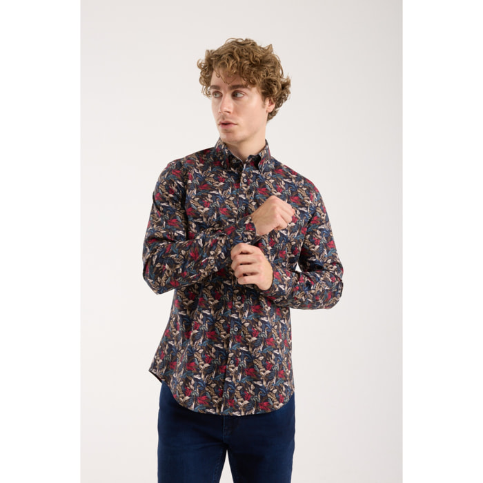 camicia uomo 1 bottone button down slim Popeline Stretch Stampato Blu\Rosso