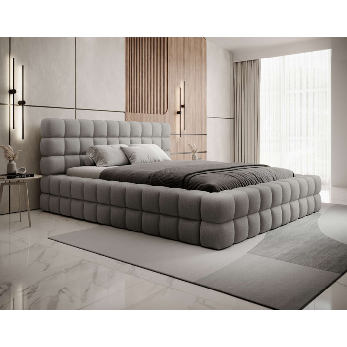 Kingston - lit coffre - 140x200 - sommier inclus - en tissu bouclette - Gris