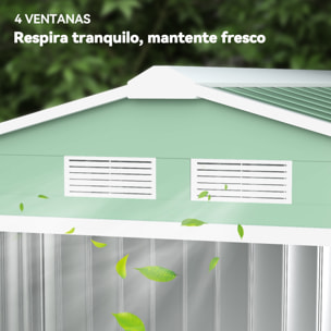 Caseta de Jardín Exterior, 2,5 m² 213x130x185 cm, Cobertizo de Jardín Exterior Metálico con 2 Puertas Correderas, Base Refuerzo (Suelo NO Incluido) y 4 Ventanas Verde Claro