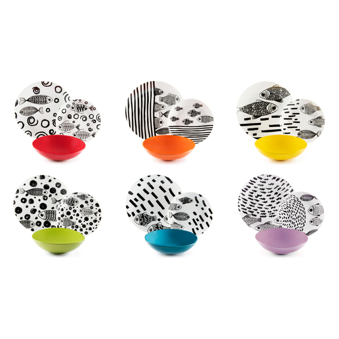 Service de table 18 pièces Excelsa – Black Fishes. Porcelaine Multicolore