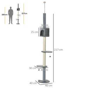 Árbol Rascador para Gatos Altura Ajustable 220-280cm Cueva Bola Colgante Gris