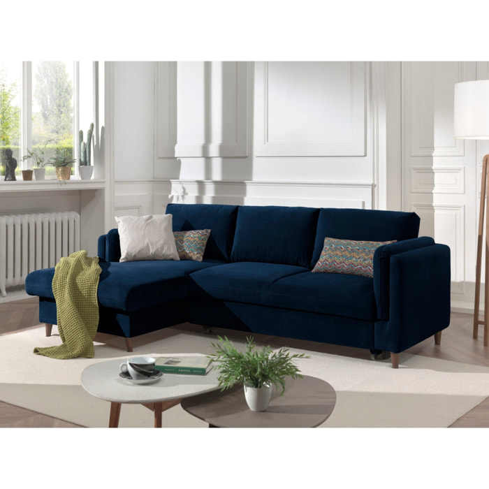 Brooke - canapé d'angle gauche - convertible avec coffre - 4 places - en velours - Bleu nuit