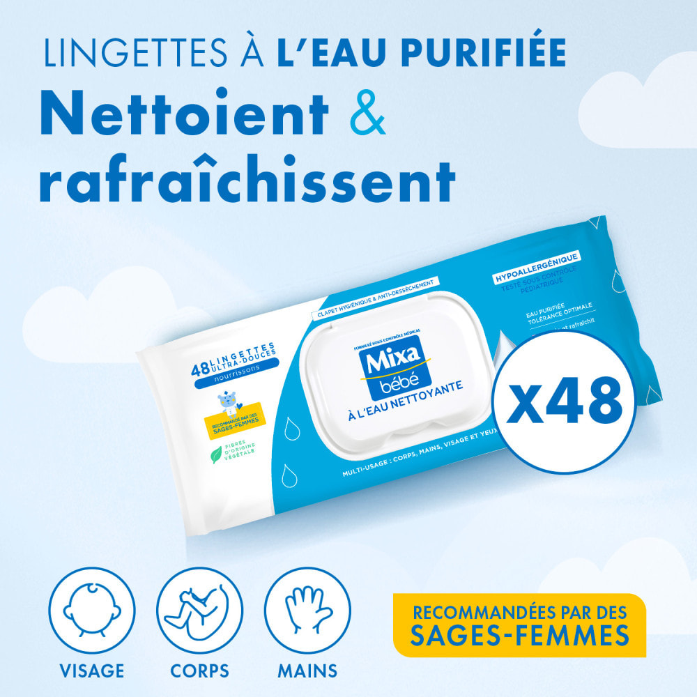 Lot de 18 - MIXA LINGETTES BÉBÉ À L’EAU NETTOYANTE x48