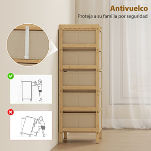 Cómoda con 5 Cajones de Tela, Cómoda para Dormitorio de Bambú, Cajonera para Espacios Pequeños, Salón, Oficina, Vestidor, Crema y Natural