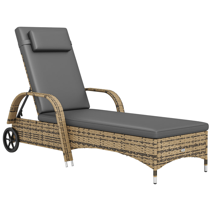 Transat bain de soleil grand confort : matelas, têtière, inclinaison réglable multipositions, accoudoirs, roulettes résine tressée beige