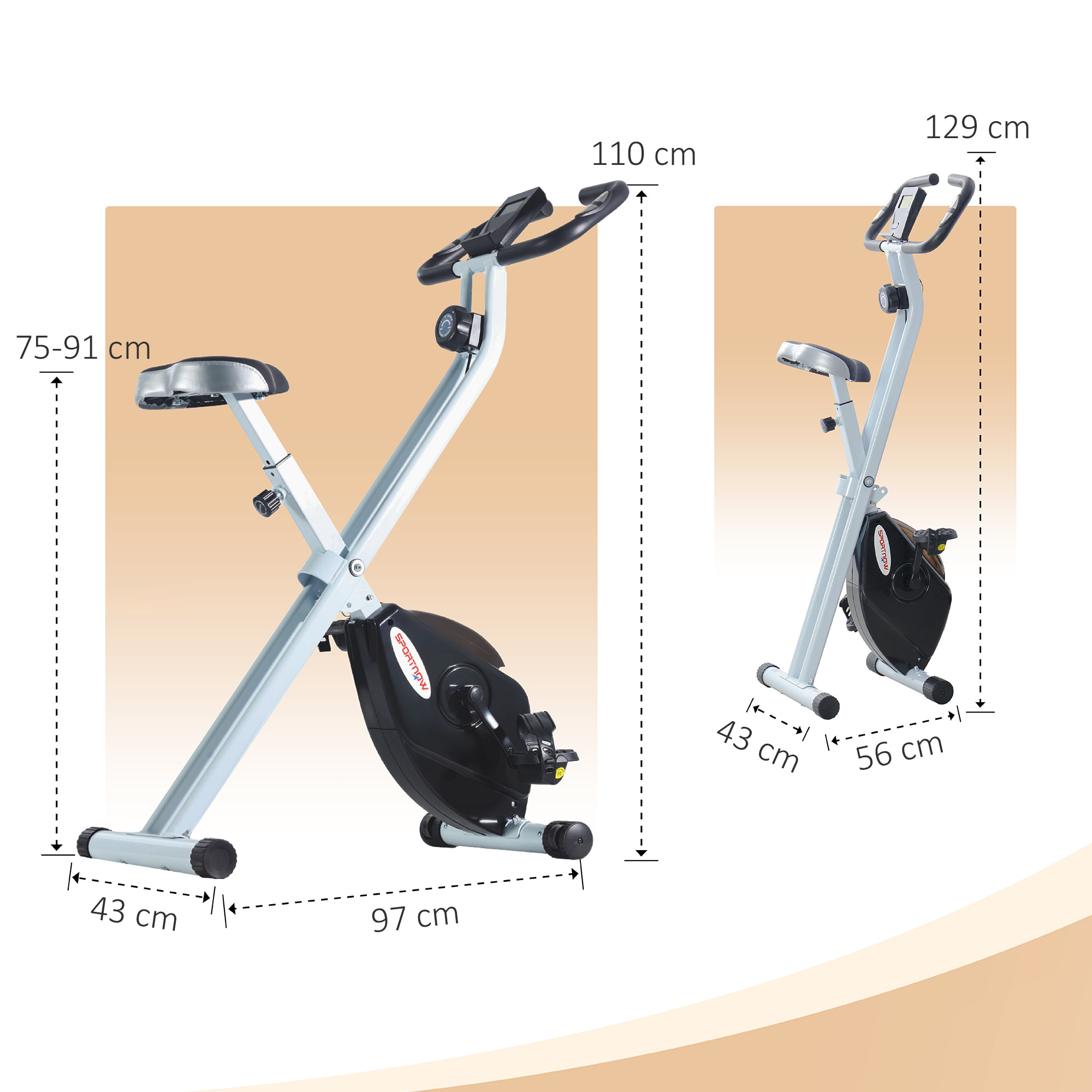 SPORTNOW Bicicleta Estática Plegable, Bicicleta Estática Casa Silenciosa con 8 Niveles Resistencia Magnética, Monitor LCD, Asiento Ajustable, Volante, Sensor Ritmo, Soporte Teléfono y Ruedas, Blanco