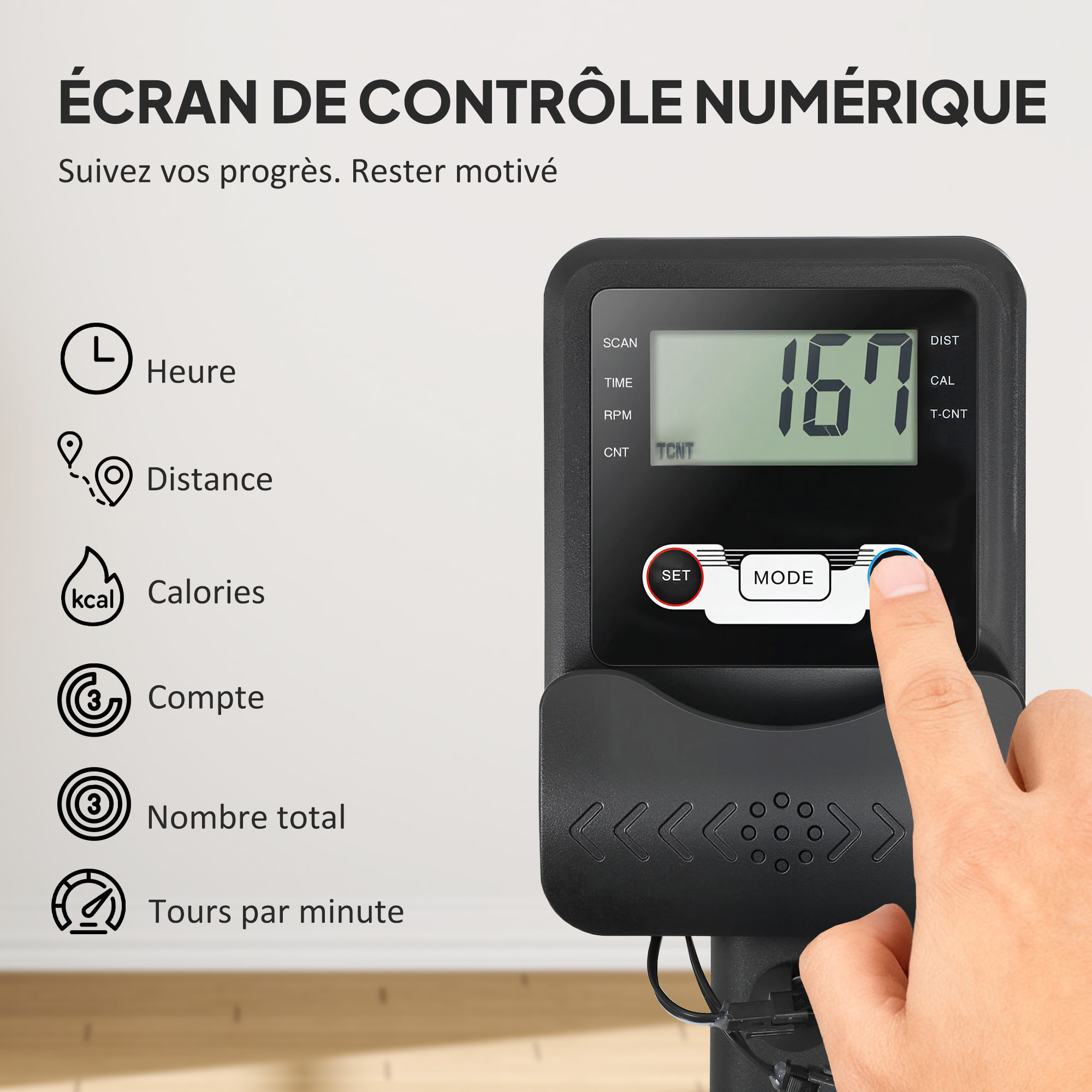 Rameur à eau résistance ajustable réservoir 6-11L écran LCD multifonction rangement vertical acier noir