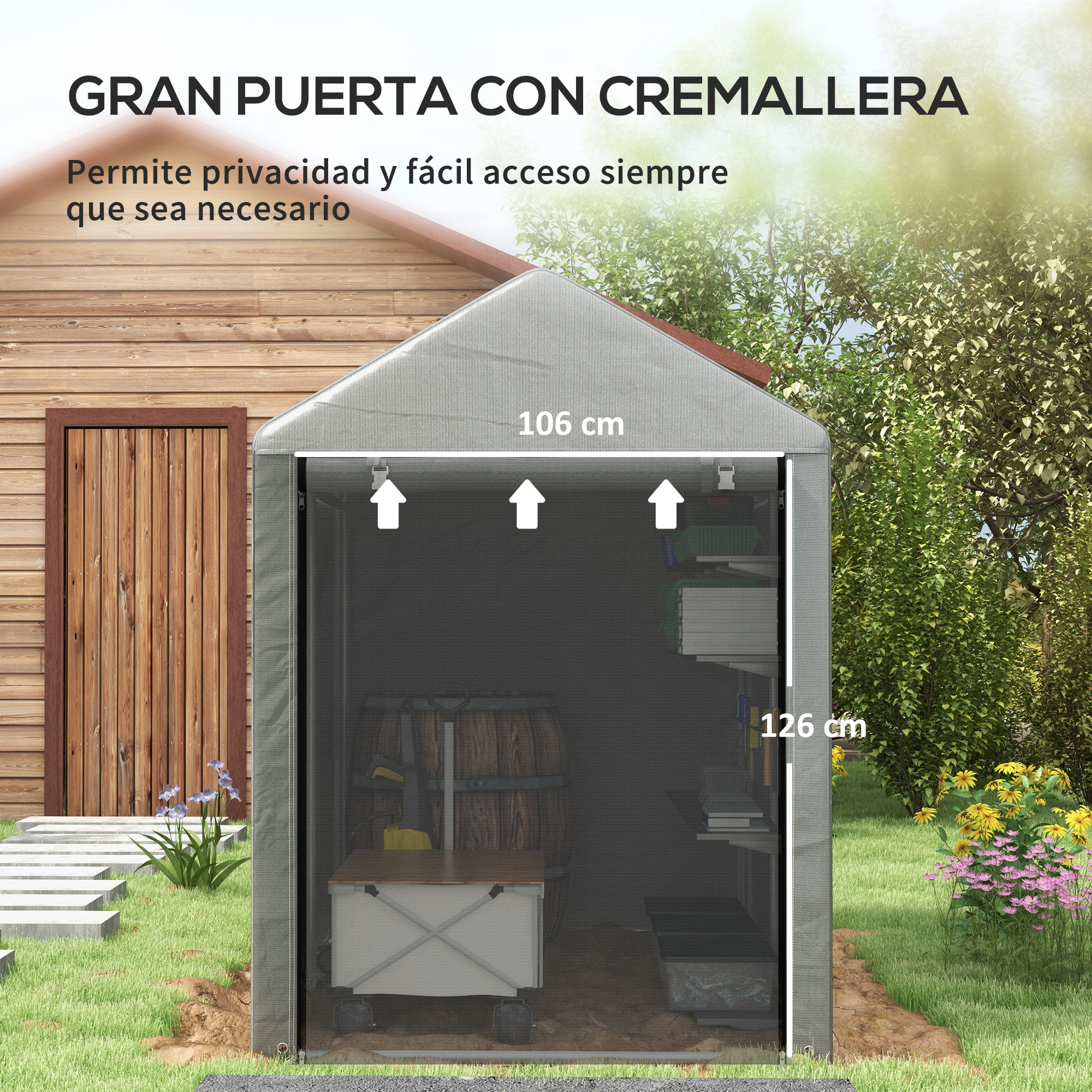 Carpa de Jardín Exterior para Herramientas Bicicletas 1,2x1,8x1,65 m, Cobertizo Exterior con 2 Habitaciones, Puerta Enrollable con Cremallera, Impermeable Anti-UV, Garaje Portátil, Gris Claro