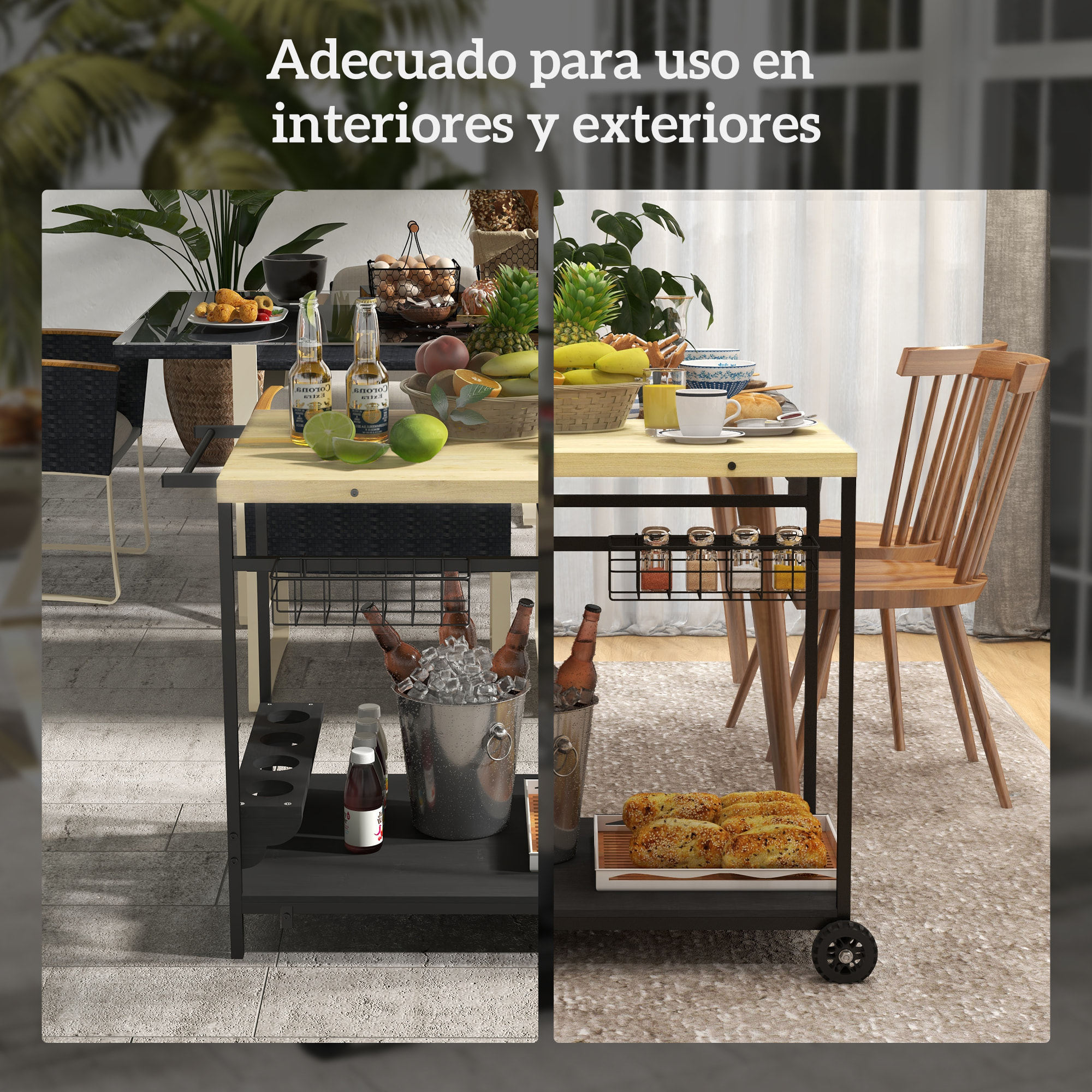 Camarera con Ruedas de Madera Carro de Servicio con 2 Estantes 2 Cestas Metálicas y Soportes para Botellas para Jardín Terraza Patio 97,5x65x81 cm Natural y Negro