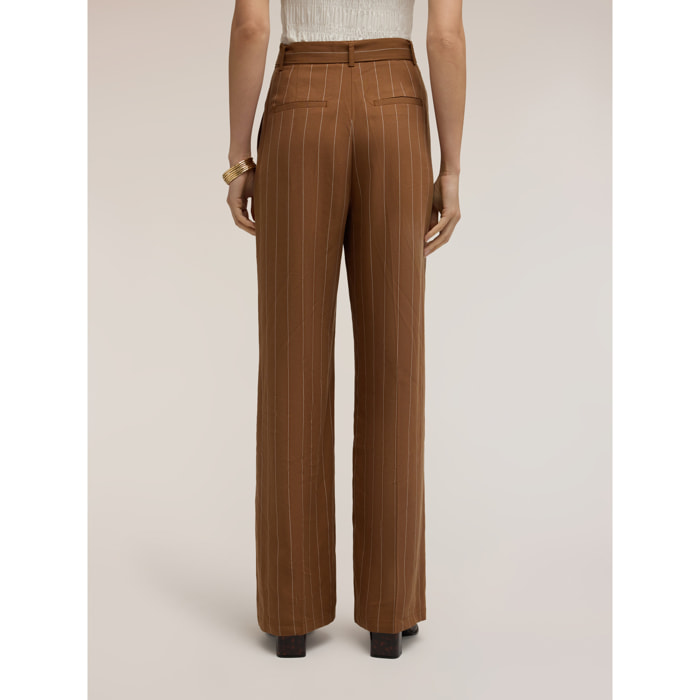 Motivi - Pantaloni palazzo a righe in misto lino - Marrone