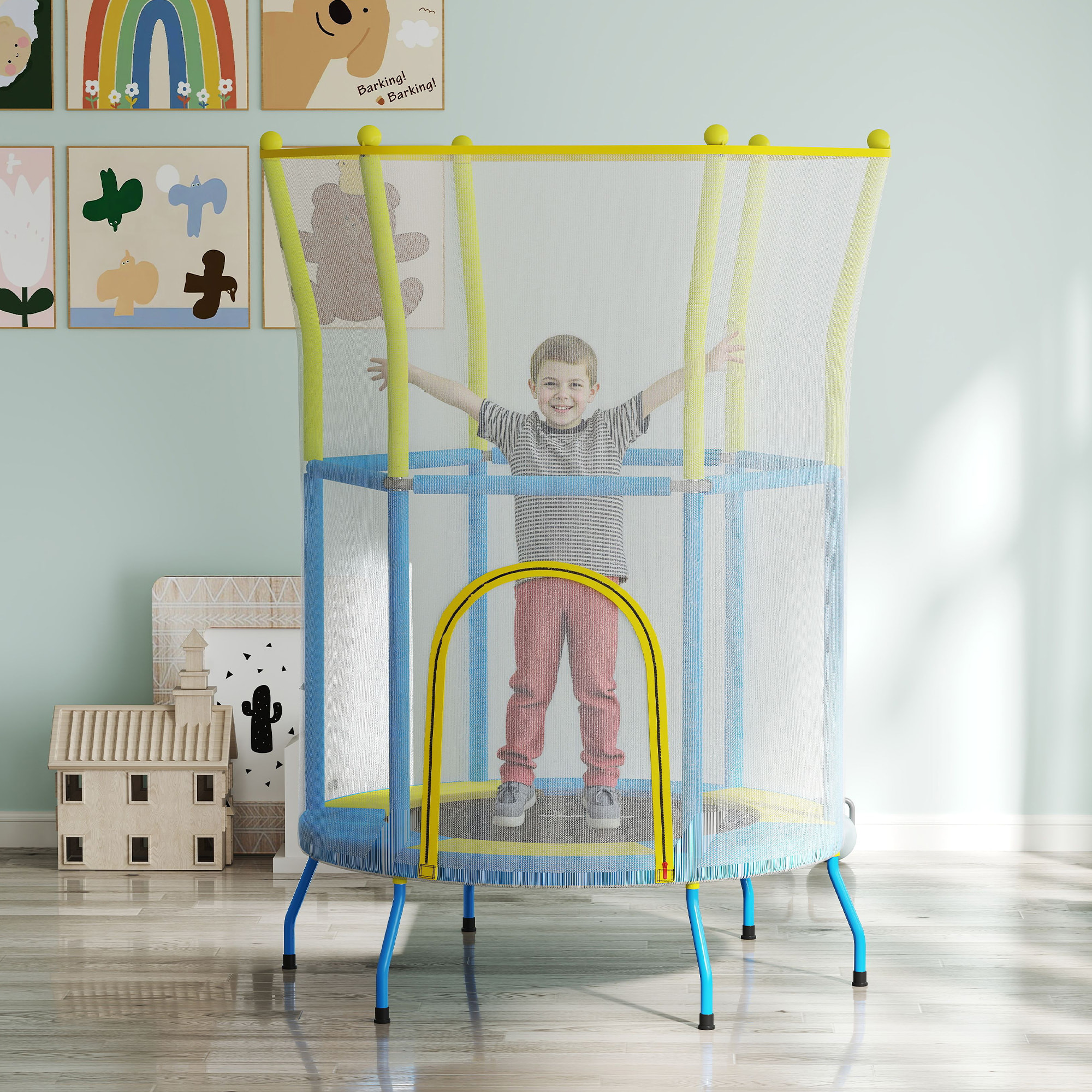 Cama Elástica Infantil Ø140x190 cm Trampolín para Niños de 3-6 Años con Red de Seguridad Barras Acolchadas Carga 45 kg para Interior Multicolor
