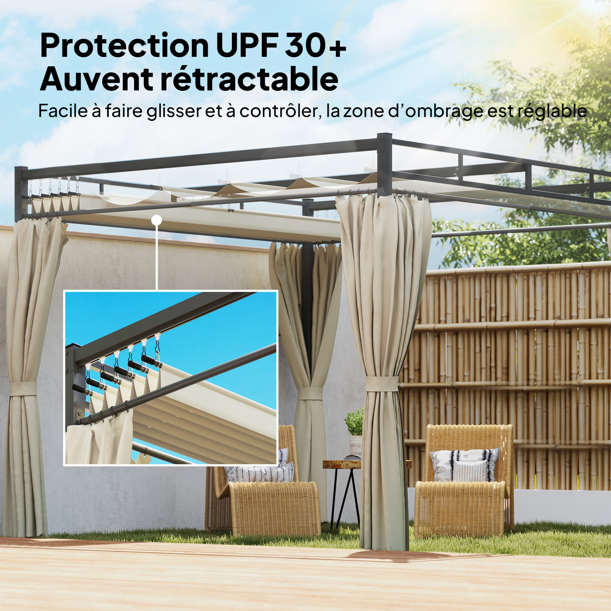 Pergola 3x3m toit rétractable 4 rideaux UV30+ métal noir beige