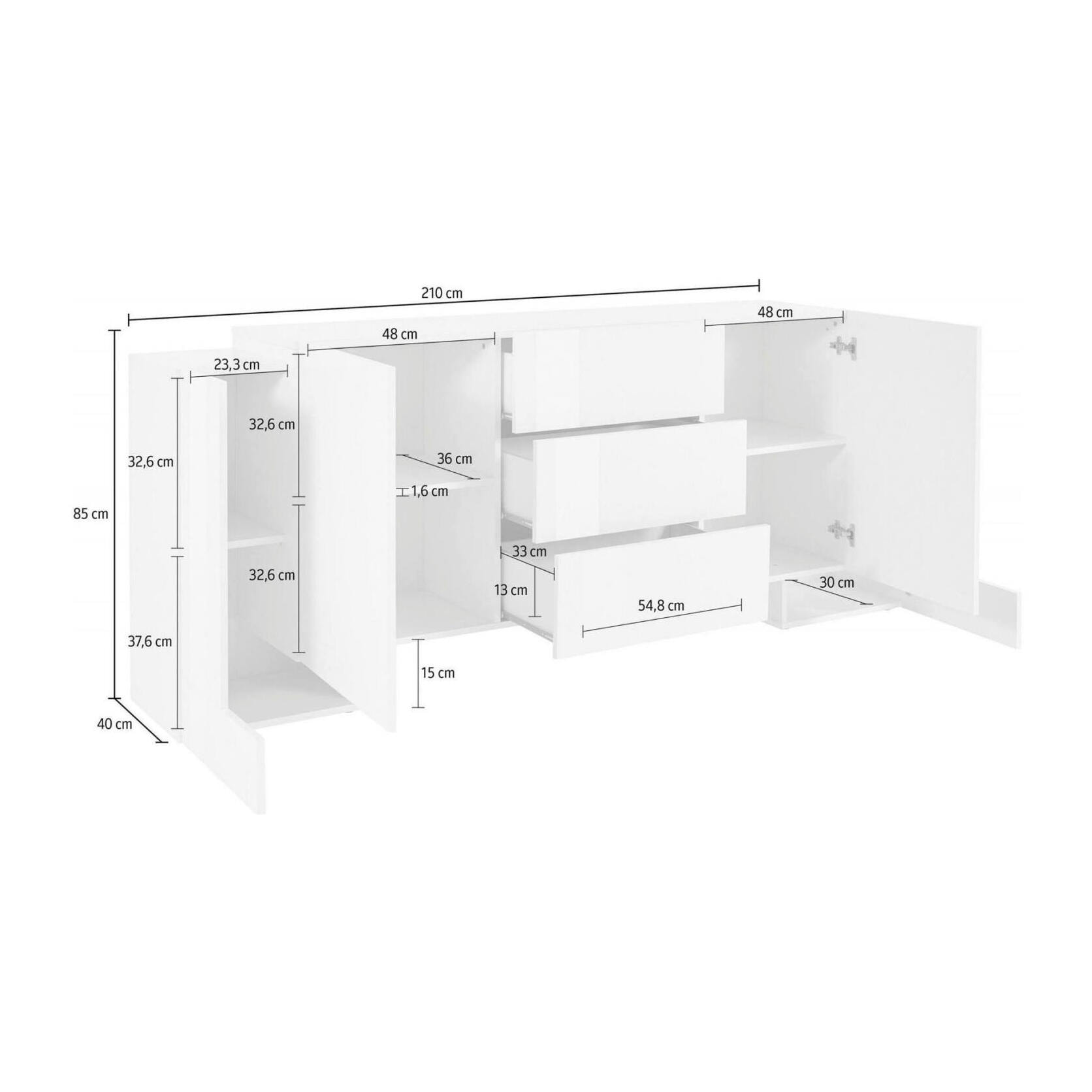 Credenza moderna a 2 ante e 3 cassetti, Made in Italy, Madia da cucina, Buffet di design da soggiorno, cm 210x45h85, colore Bianco lucido e Acero